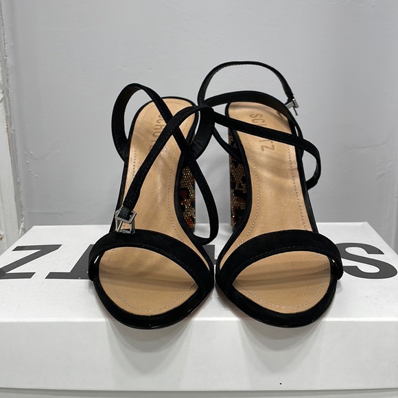 Schutz 4” block heels with black suede straps and crystal leopard heels - Picture 2 of 4